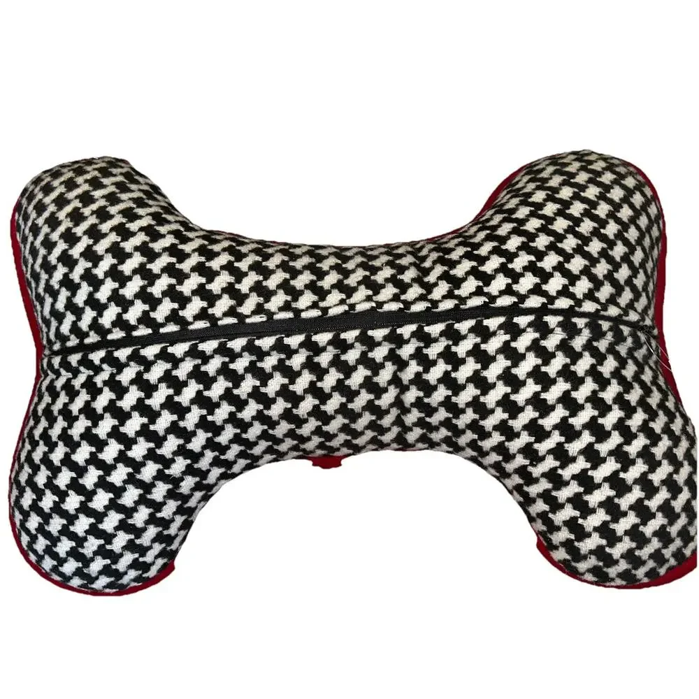 Dog Bone Shaped Novelty Pillow D Stevens Black And White Houndstooth Red Trim